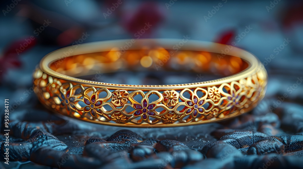 Golden Bangle with Floral Design 3D Illustration