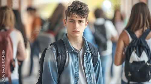 A young man stands in a crowded hallway, looking directly at the camera with a serious expression.