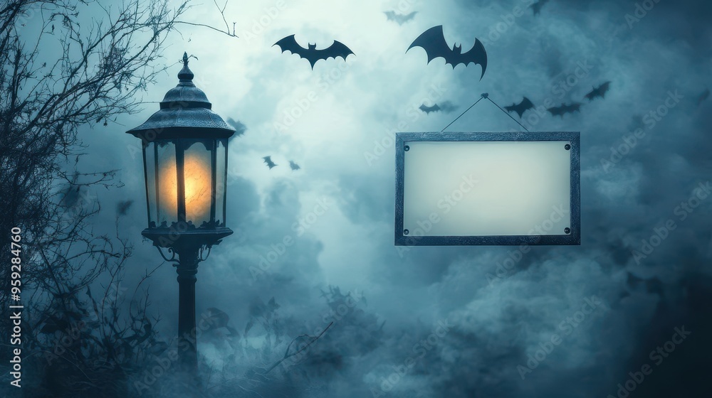 A Glowing Street Lamp and Bats Against a Smoky, Night Sky with a Blank Sign