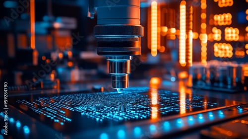 A standard copper board and a beryllium copper board being analyzed with holographic displays showing their electrical properties. Futuristic, blue neon lighting, high-tech lab