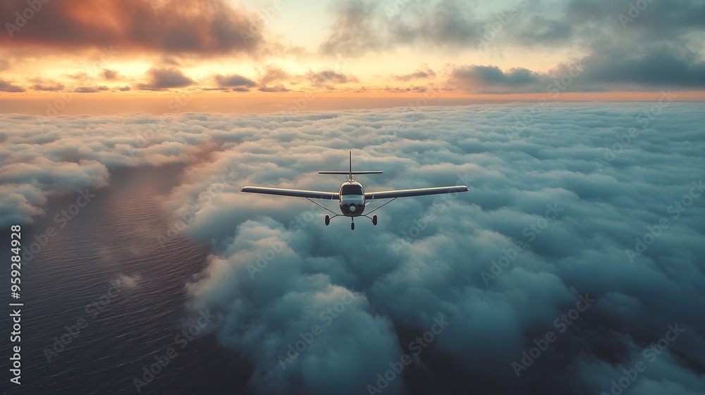 Fototapeta premium A propeller-driven aircraft navigating through fluffy watercolor clouds above a deep, endless ocean, the horizon blending into the sky