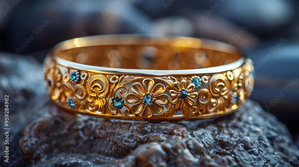 Golden Ring with Blue Gemstones and Intricate Floral Design - Realistic Image Golden Ring with Blue Gemstones and Intricate Floral Design - Realistic Image