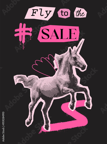 "Fly to the Sale" Y2K halftone unicorn with wings and pink graffiti elements. Photocopy effect. Anti-design bitmap texture. Perfect for edgy marketing, youth fashion promotions.