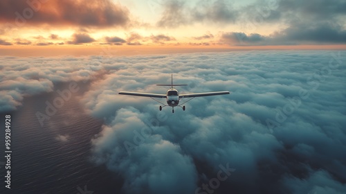 A propeller-driven aircraft navigating through fluffy watercolor clouds above a deep, endless ocean, the horizon blending into the sky