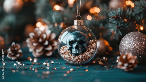 An artistic representation of a glass ornament with a skull inside and festive Christmas decorations, merging the macabre with holiday cheer in a unique display. photo