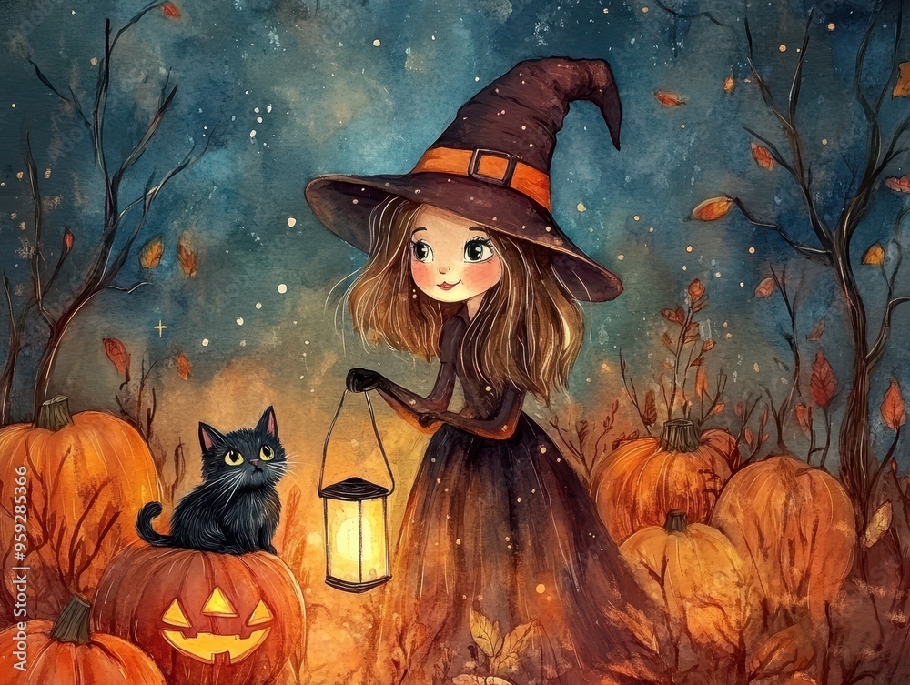 Watercolor Illustration of a Witch with a Black Cat and Pumpkins Watercolor Illustration of a Witch with a Black Cat and Pumpkins