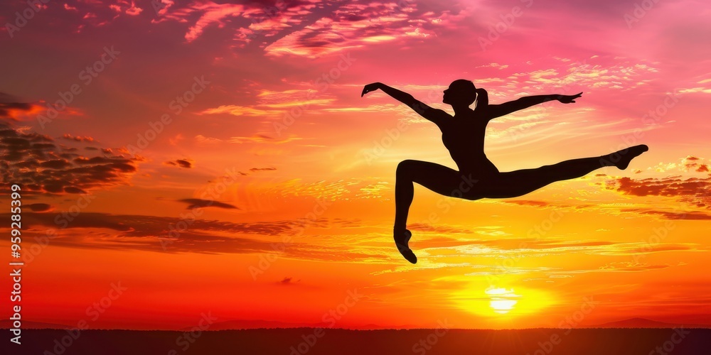A silhouette of a ballet dancer in mid-leap against a setting sun A silhouette of a ballet dancer in mid-leap against a setting sun