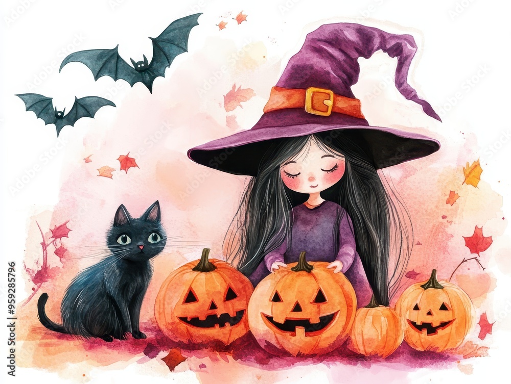 A Watercolor Painting of a Witch with Pumpkins and Bats A Watercolor Painting of a Witch with Pumpkins and Bats