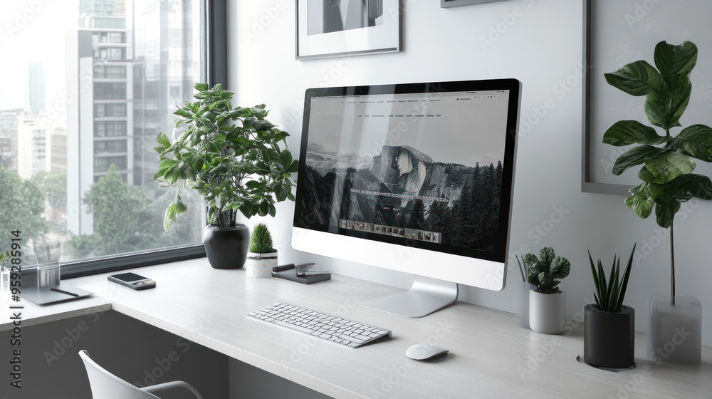 Fototapeta premium A clean and minimalist workspace featuring computer displaying website design, surrounded by greenery and modern decor..