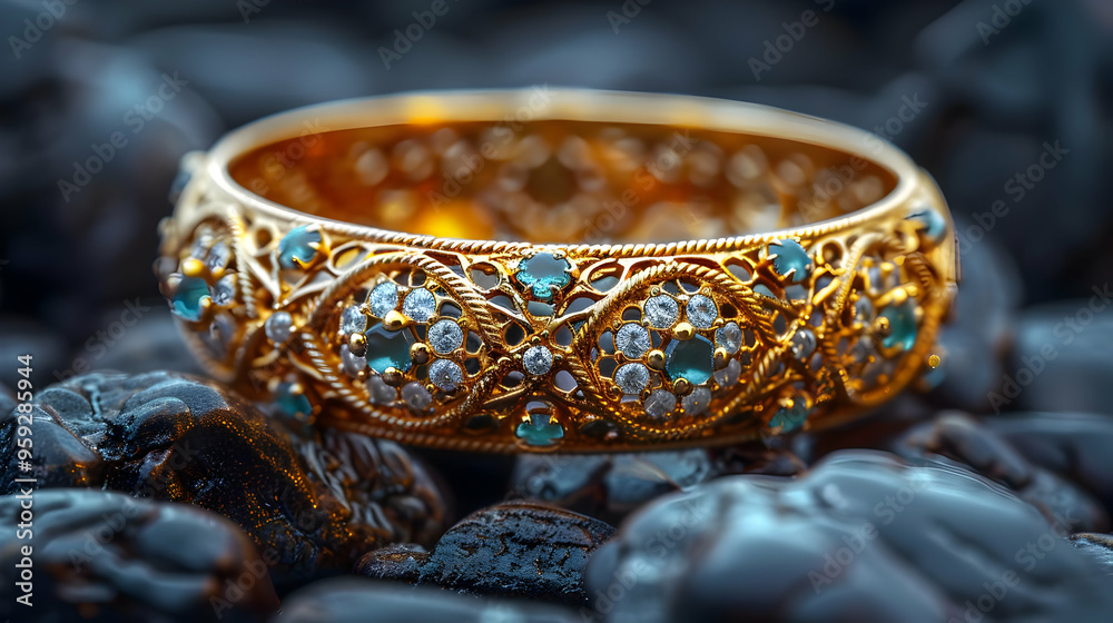 Intricate Gold Ring with Blue Gems and Diamonds - Realistic Photography Intricate Gold Ring with Blue Gems and Diamonds - Realistic Photography