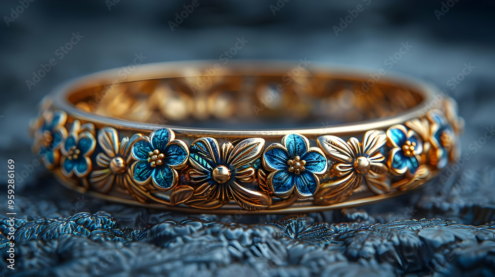Golden Floral Ring with Blue Flowers - 3D Illustration