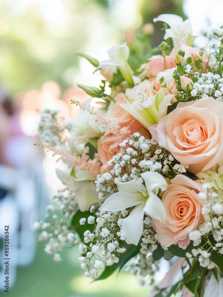 A stunning bouquet featuring soft roses and lilies stands prominently at an outdoor wedding ceremony, enhancing the romantic atmosphere. Generative AI