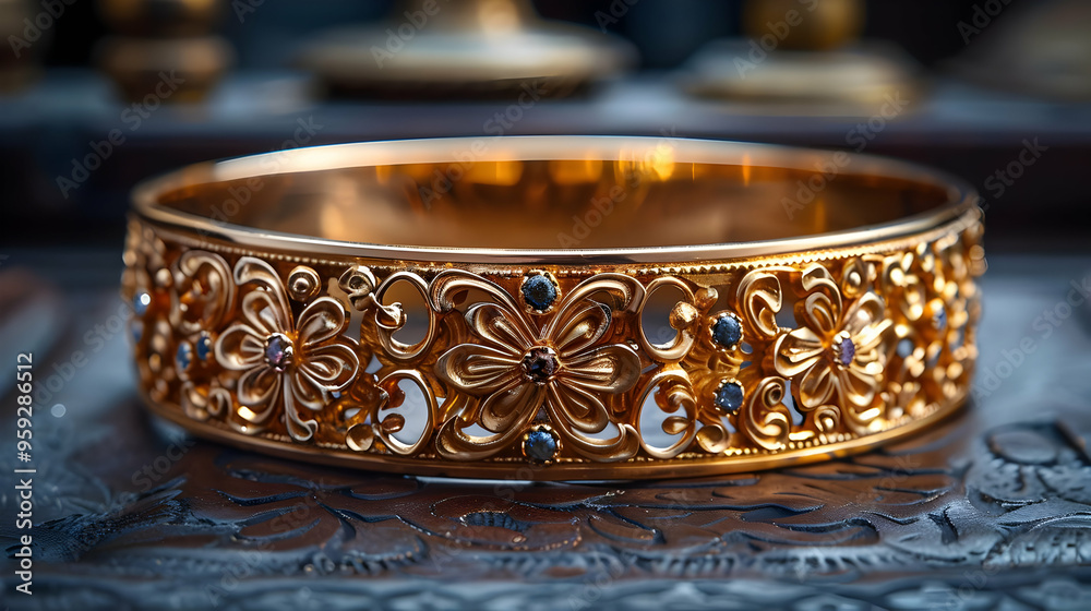 Gold and Blue Gemstone Floral Bangle Bracelet, Close Up Illustration Gold and Blue Gemstone Floral Bangle Bracelet, Close Up Illustration