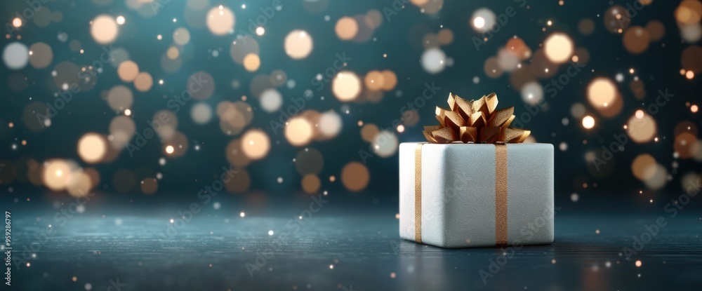 A white box with a gold bow on top sits on a dark blue background A white box with a gold bow on top sits on a dark blue background