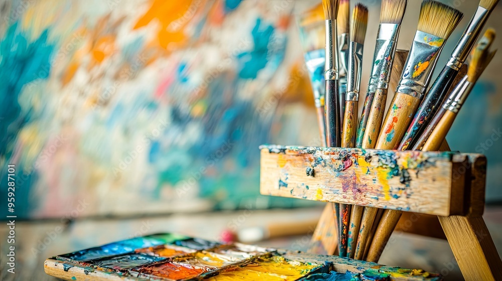 Fototapeta premium A peaceful artist's studio with an easel and vibrant splashes of color, focusing on a close-up of an artist skillfully working with paintbrushes.