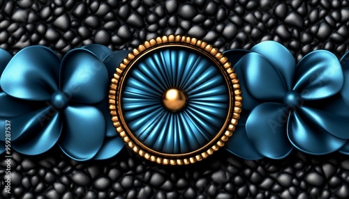 Blue Leather Flowers with Gold Trim on Black Pebble Background photo