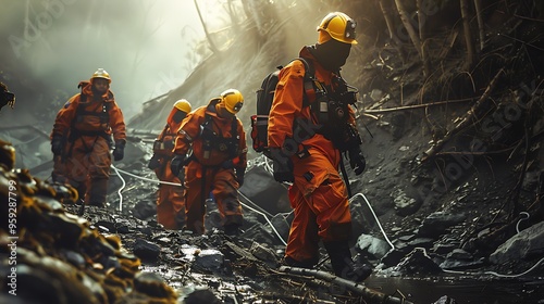 A group of rescue workers in orange suits navigating a rugged terrain.