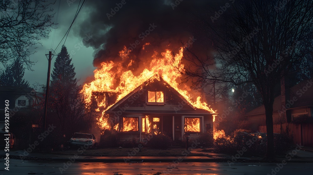 A house engulfed in flames at night, caused by a natural gas explosion, the remains of the structure crumbling with embers glowing softly, realism, dark tones, for insurance documentation A house engulfed in flames at night, caused by a natural gas explosion, the remains of the structure crumbling with embers glowing softly, realism, dark tones, for insurance documentation