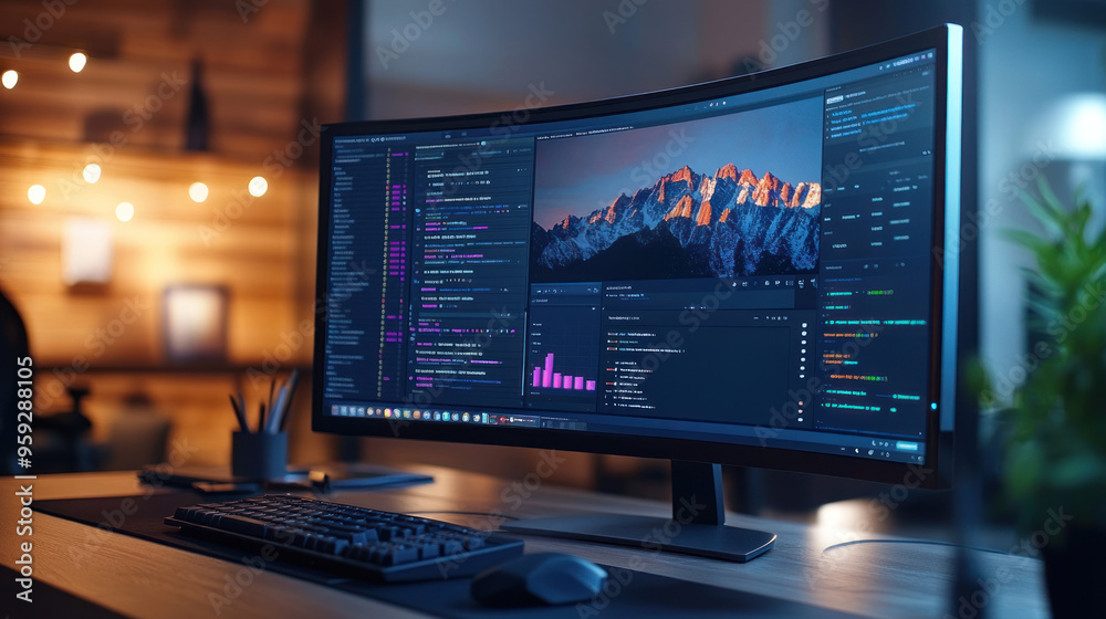 A sleek curved monitor displays vibrant data visualizations and coding interfaces, creating an engaging workspace for design and development.. A sleek curved monitor displays vibrant data visualizations and coding interfaces, creating an engaging workspace for design and development..