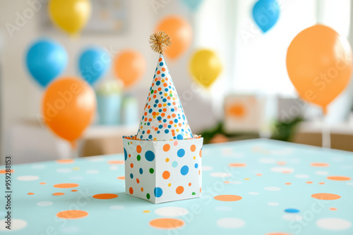 Colorful party decoration with a polka dot gift box and festive balloons, perfect for celebrations and joyful events. photo