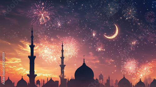 Festive Islamic Celebration with Fireworks in Sky photo