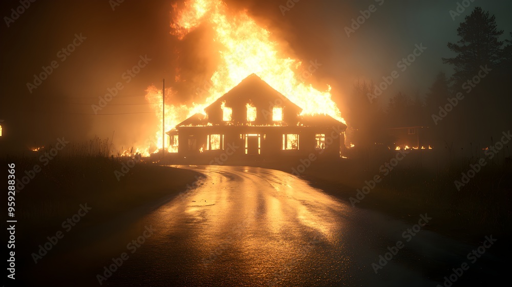 A lone house in a darkened suburb, fully ablaze, with the fire casting eerie shadows on the ground and neighboring buildings barely visible in the darkness, Low Angle Shot, Realistic A lone house in a darkened suburb, fully ablaze, with the fire casting eerie shadows on the ground and neighboring buildings barely visible in the darkness, Low Angle Shot, Realistic