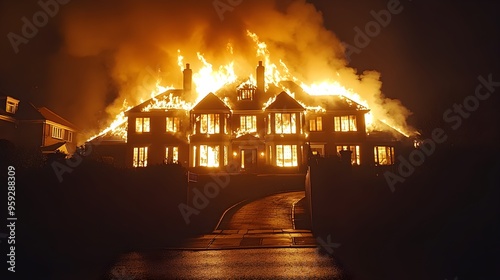 A large residential house ablaze in the quiet of night, intense heat and fire consuming everything, thick smoke billowing into the sky, insurance assessment required