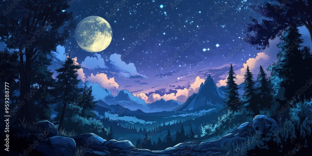 Fototapeta premium A starry night over a mountain range, with a full moon shining brightly in the sky.