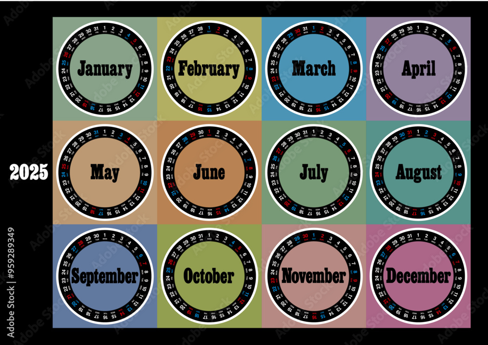 Obraz premium 2025年の年間円形カレンダー横