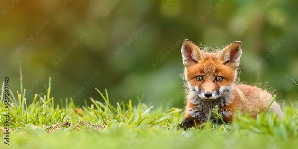 Obraz premium Playful young red fox cub on vibrant grass, looking at the camera in a natural summer environment; an adorable juvenile wild creature observed from the front in its natural surroundings.