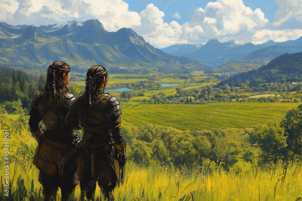 Epic Landscape with Adventurers Overlooking Mountains Epic Landscape with Adventurers Overlooking Mountains