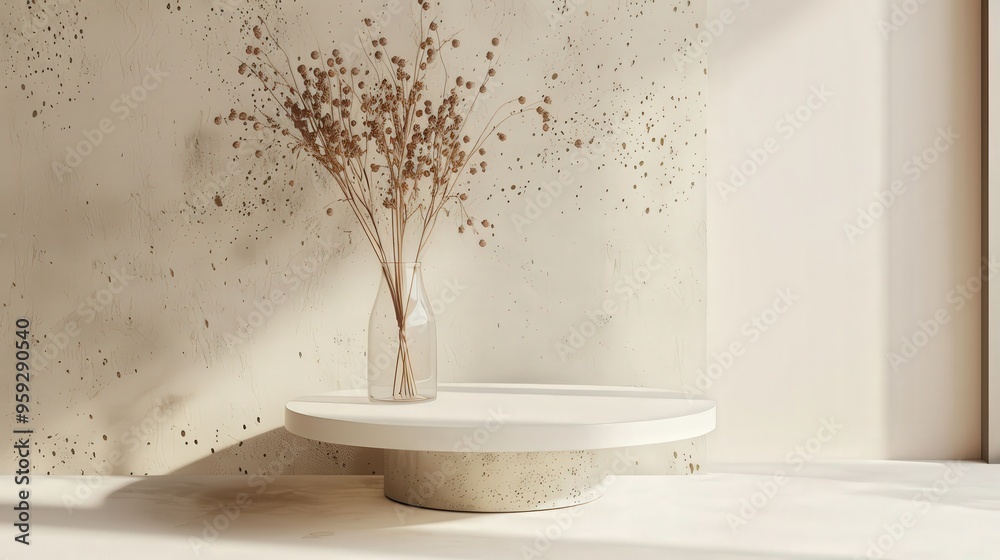 Simple and elegant white pedestal on a speckled beige background, providing a minimalist platform for product showcasing.. Simple and elegant white pedestal on a speckled beige background, providing a minimalist platform for product showcasing..