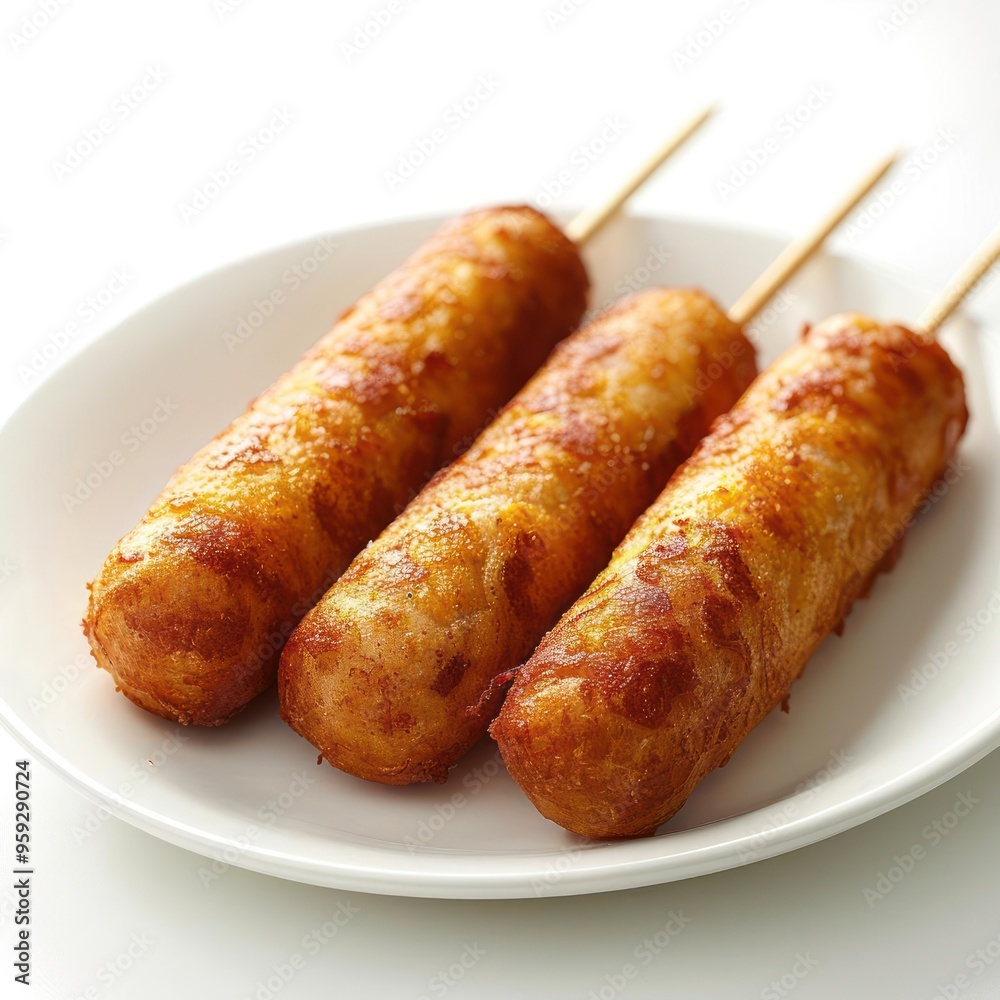 Two delicious grilled sausages, topped with cheese and seasoned herbs on a white plate. Two delicious grilled sausages, topped with cheese and seasoned herbs on a white plate.