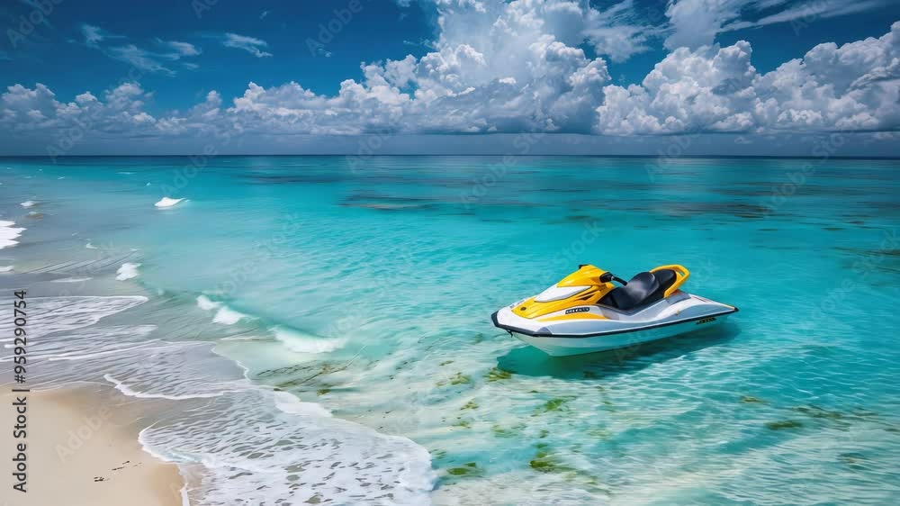 Animation jet ski parked on a sandy blue beach water under cloudy sky Animation jet ski parked on a sandy blue beach water under cloudy sky