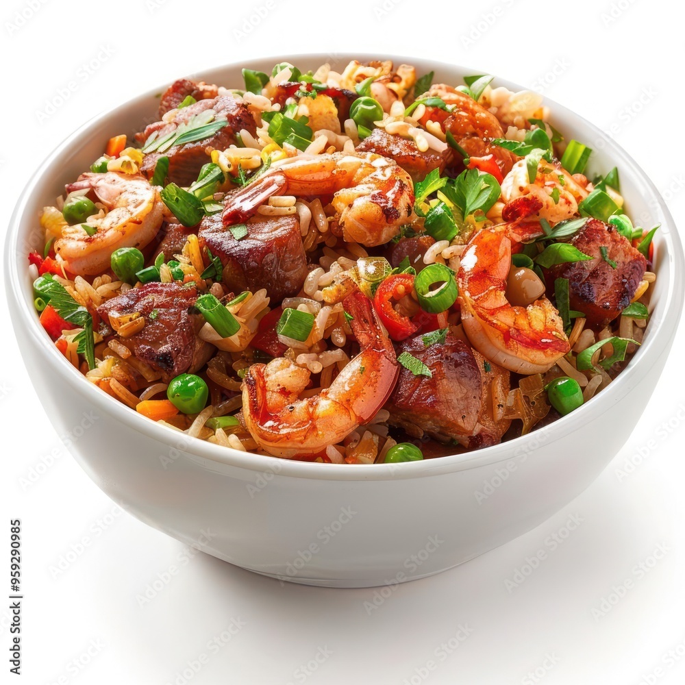 A colorful and appetizing bowl of shrimp rice, garnished with fresh herbs. A colorful and appetizing bowl of shrimp rice, garnished with fresh herbs.