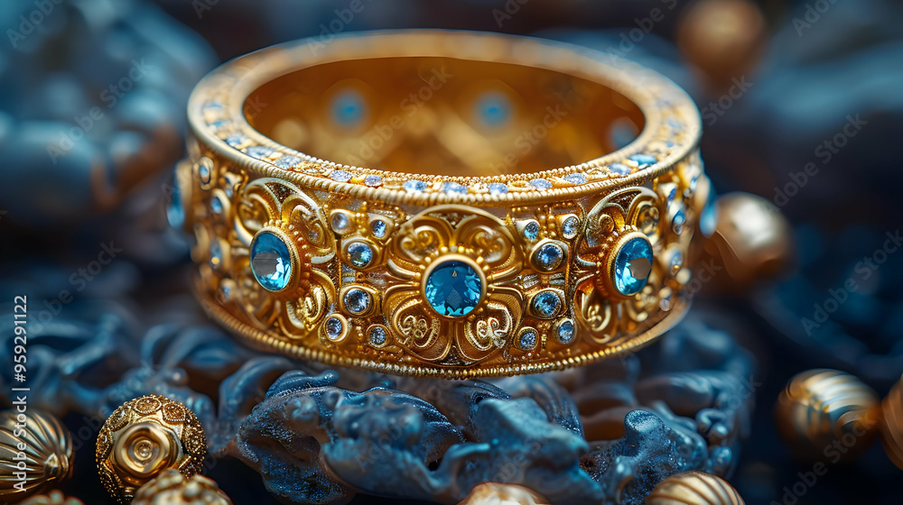 Gold Ring with Blue Gemstones and Ornate Design - Photo Gold Ring with Blue Gemstones and Ornate Design - Photo