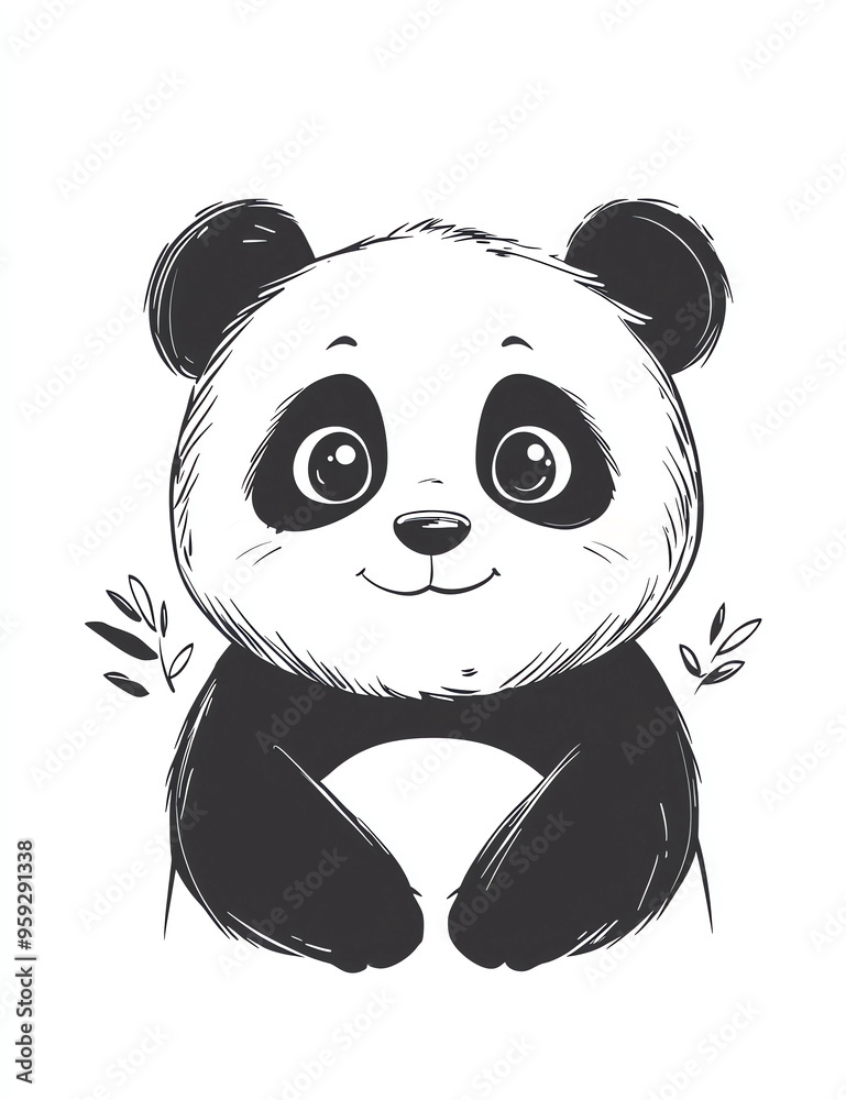 Fototapeta premium Cute cartoon panda, simple lines, white background, simple drawing style, thick black strokes
