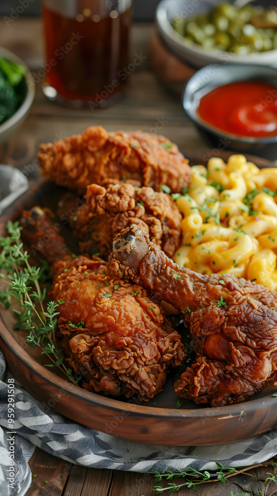 Crispy Southern fried chicken with macaroni and cheese and collard greens served on a rustic platter Crispy Southern fried chicken with macaroni and cheese and collard greens served on a rustic platter