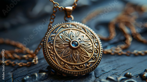 Ornate Gold Pendant with Blue Gemstone - Close-Up Illustration