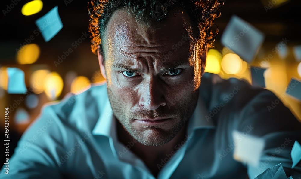 Thoughtful Man in Semi-Formal Clothing Making Thinking Gesture, Yellow Neon Light, Dark Background with Floating Paper