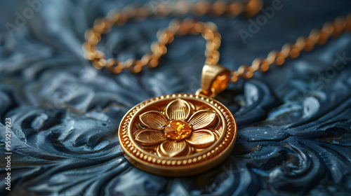 Golden Flower Pendant Necklace on Blue Background - Illustration