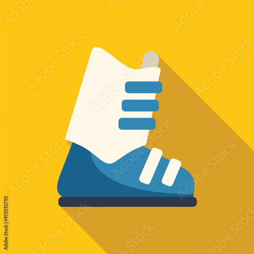 Minimalist vector illustration of a blue snowboarding boot, designed in flat style with long shadow