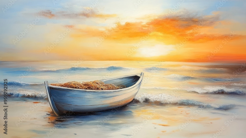 A lone boat sits on the sandy shore at sunset A lone boat sits on the sandy shore at sunset