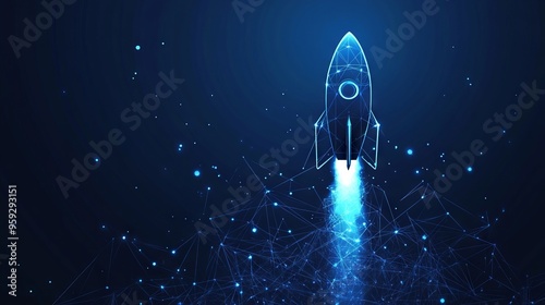 Digital growth arrows up and abstract rocket launch on dark blue technology background. Glowing connected dots and lines. Boosting and Rapid growth concepts. Low poly wireframe vector illustration.