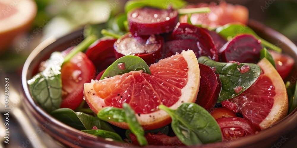 Bowl of salad featuring red grapefruit, beet, spinach, and tomato with a focus on selective elements and tone adjustments. Bowl of salad featuring red grapefruit, beet, spinach, and tomato with a focus on selective elements and tone adjustments.
