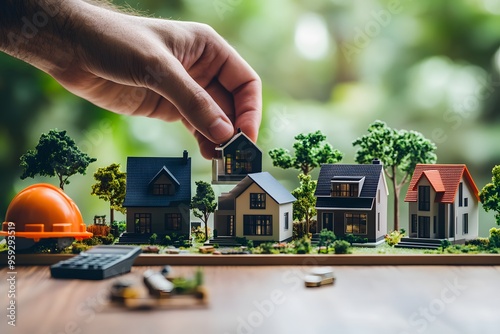 Hand Holding a Miniature House Model Over a Model Home Neighborhood photo