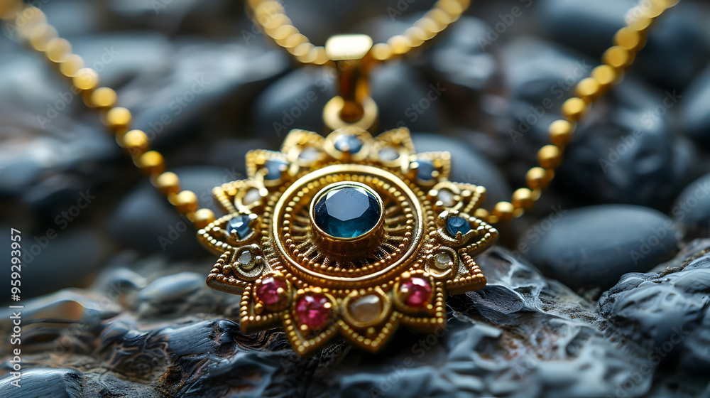 Gold Pendant with Blue Gemstone and Red Stones - Close-Up Photo