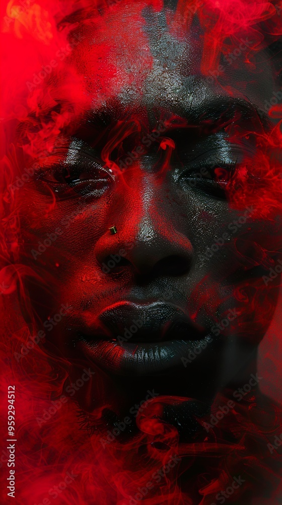 Close-up portrait of a person with red smoke covering their face.