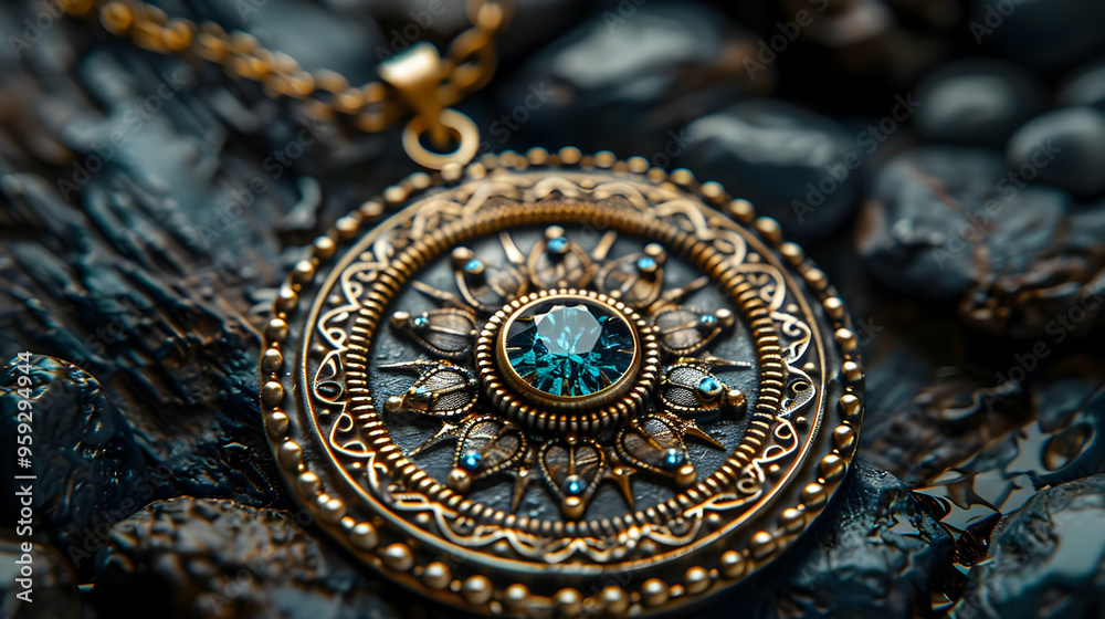 Obraz premium Ornate Gold Pendant with Blue Gemstone Illustration