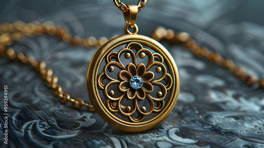 Golden Floral Pendant Necklace with Blue Gemstone - 3D Render Golden Floral Pendant Necklace with Blue Gemstone - 3D Render